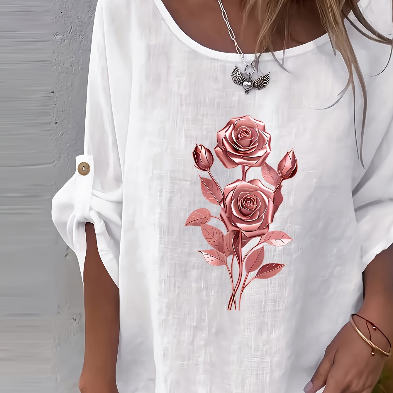 Lunelle | Elegant dames-T-shirt met bloemenprint en ronde hals – Casual, losse pasvorm, knoopjes, lente