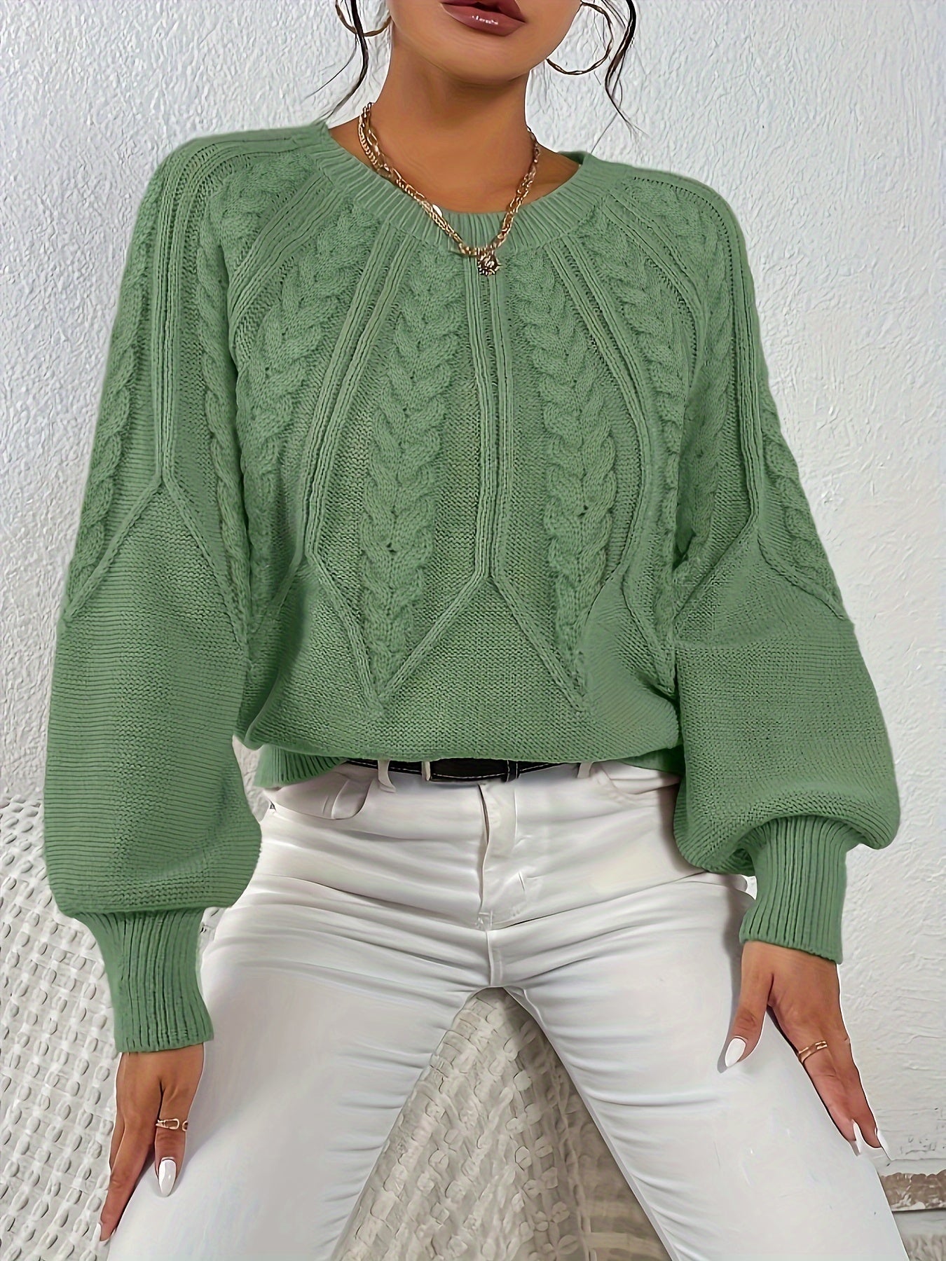 Kalyth | Damen-Zopfstrickpullover mit Laternenärmeln – Elegantes Strickoberteil für Herbst und Winter