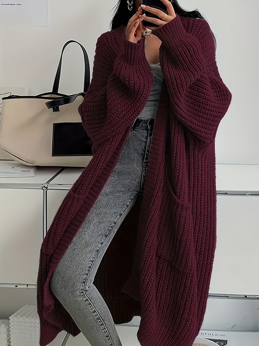 Myvessa | Langer Strickcardigan für Damen – offener, Oversize-Schnitt, lässiger Pullover für Herbst und Winter