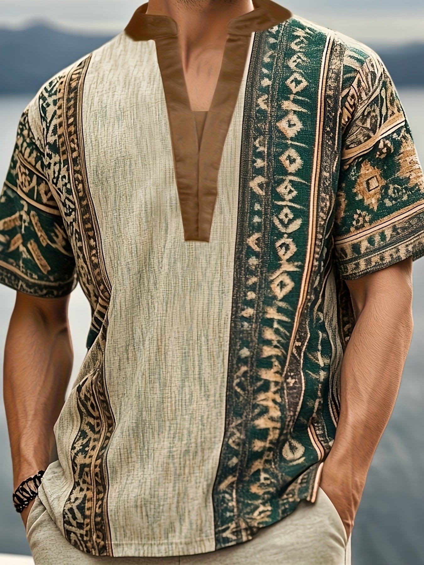 Zane | Henley-shirt voor heren met tribale print – casual met korte mouwen