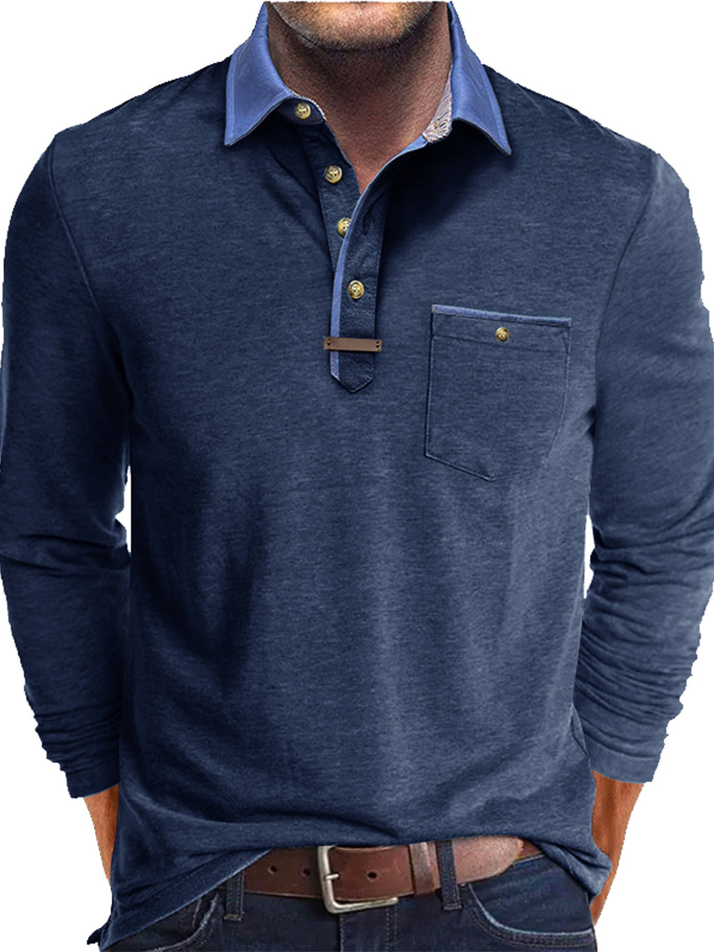 Paulo | Polo homme à manches longues – Henley décontracté avec col color-block et poche poitrine