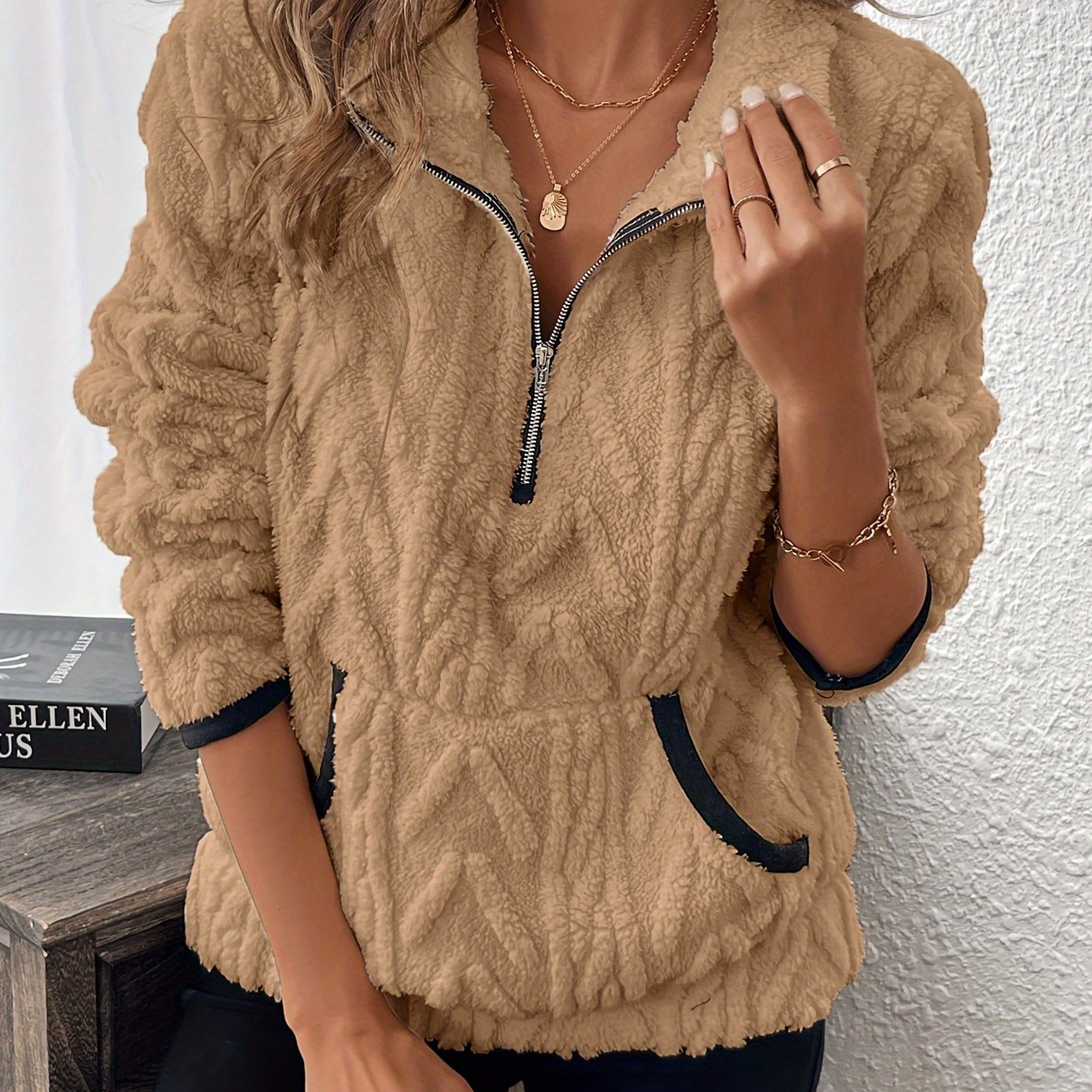 Evodia | Damen-Sweatshirt aus flauschigem Stoff, Pullover mit halbem Reißverschluss, lässiges und bequemes Langarmshirt