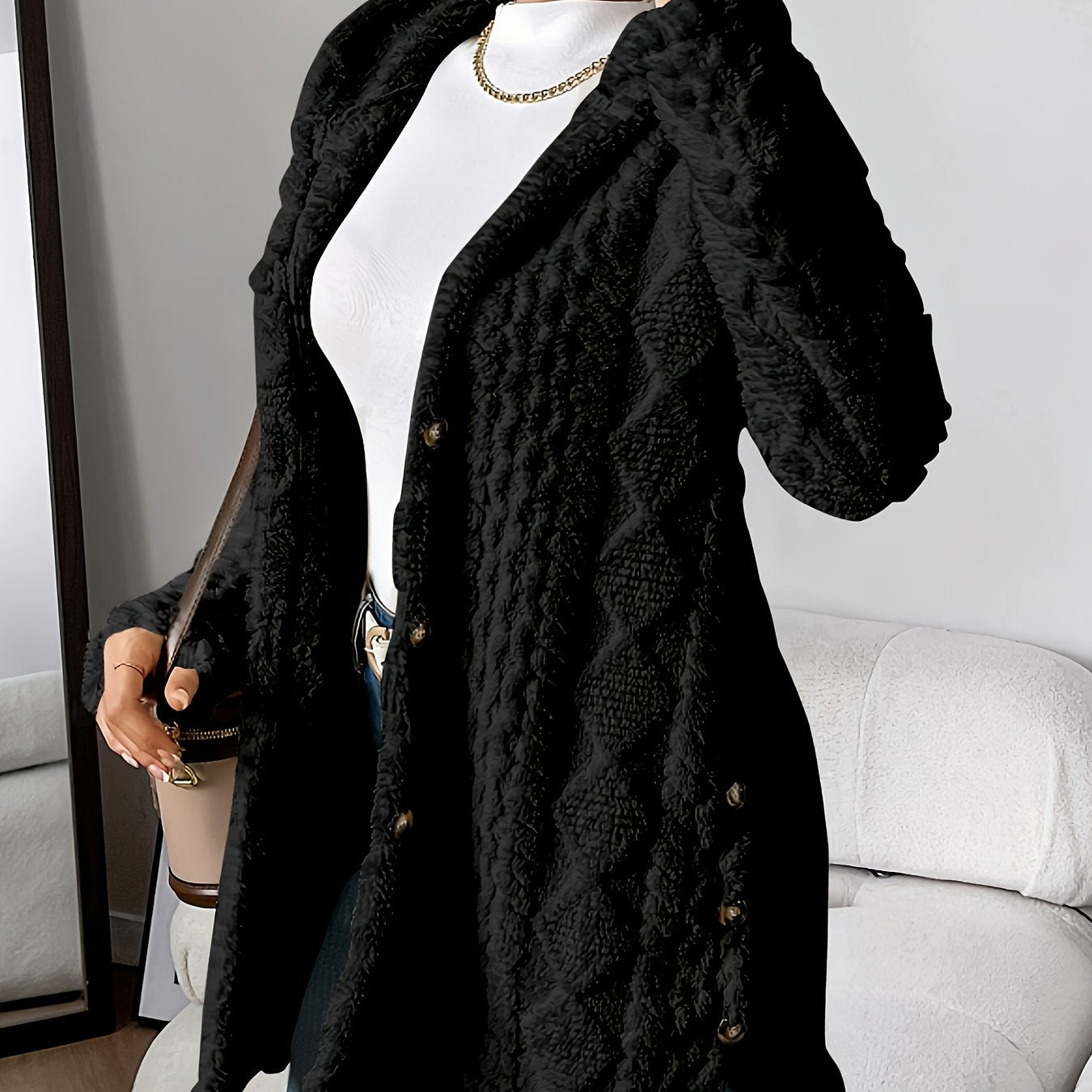 Palithra | Flauschiger, langer Damen-Kapuzencardigan – Lockere Passform, weiches Kunstfell für Herbst &amp; Winter