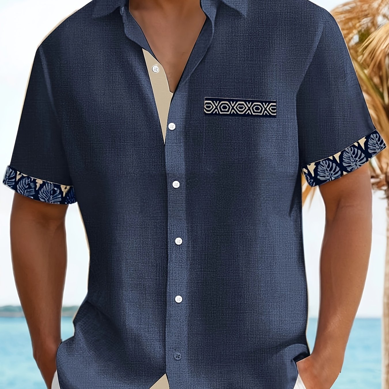 Wrenz | Herenoverhemd met patchworkprint – Casual overhemd met korte mouwen, revers en borstzak