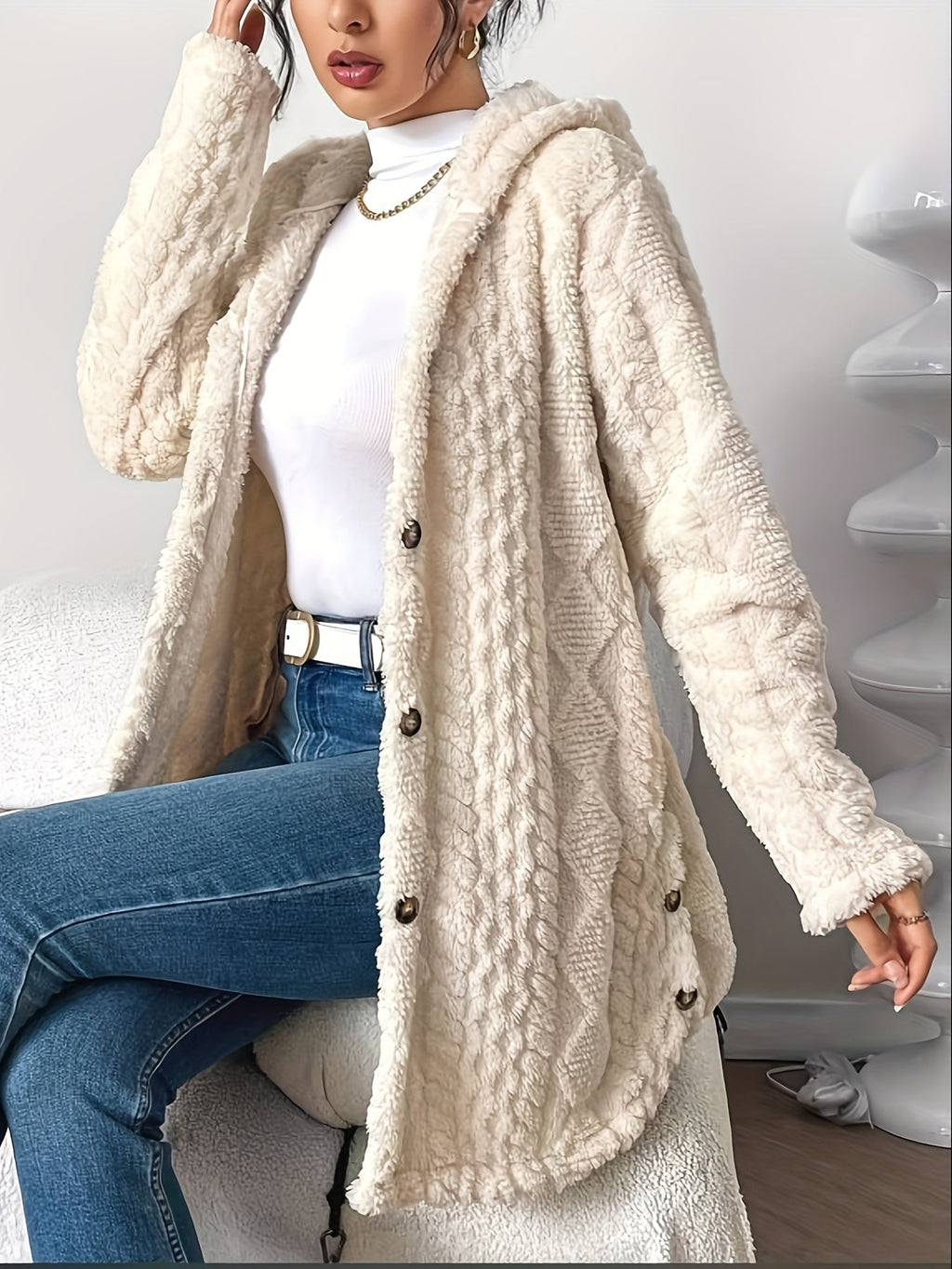 Palithra | Gilet long à capuche duveteux pour femme – Coupe ample, fourrure douce pour l'automne et l'hiver