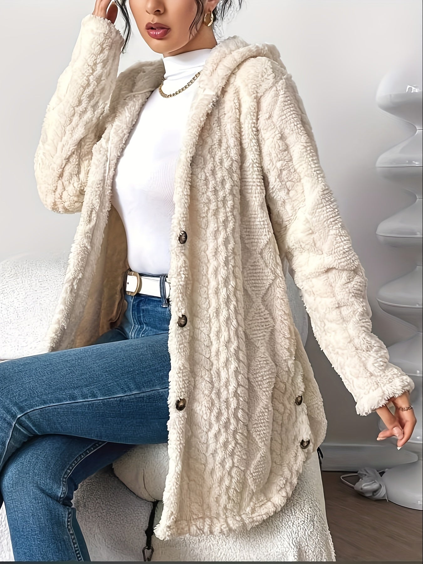 Palithra | Gilet long à capuche duveteux pour femme – Coupe ample, fourrure douce pour l'automne et l'hiver