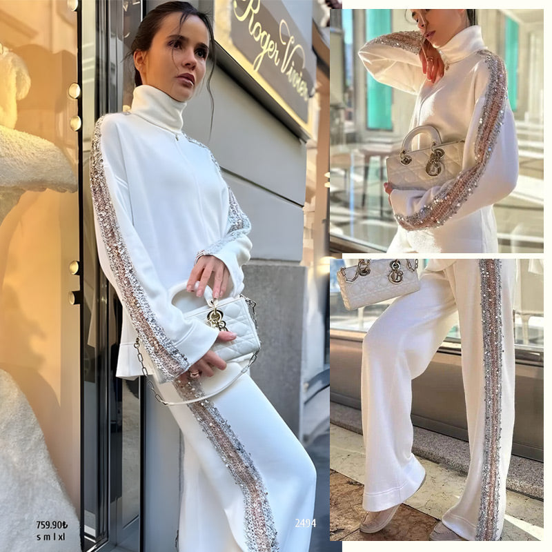 Jalea | Damesmode 2-delig pak met pailletten – Top met hoge hals en wijde broek, loszittende feestoutfit