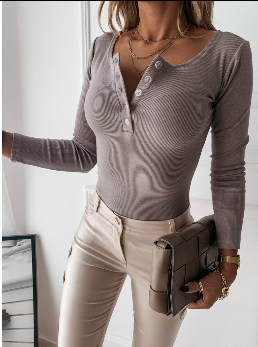 Yareli | Geribde Top met Lange Mouwen voor Dames – Halfknoop Casual Slim Fit Blouse