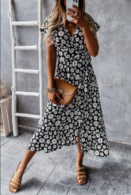 Vaisha | Midi-jurk met bloemenprint voor dames – Zomerse jurk met levendige madeliefjesprint