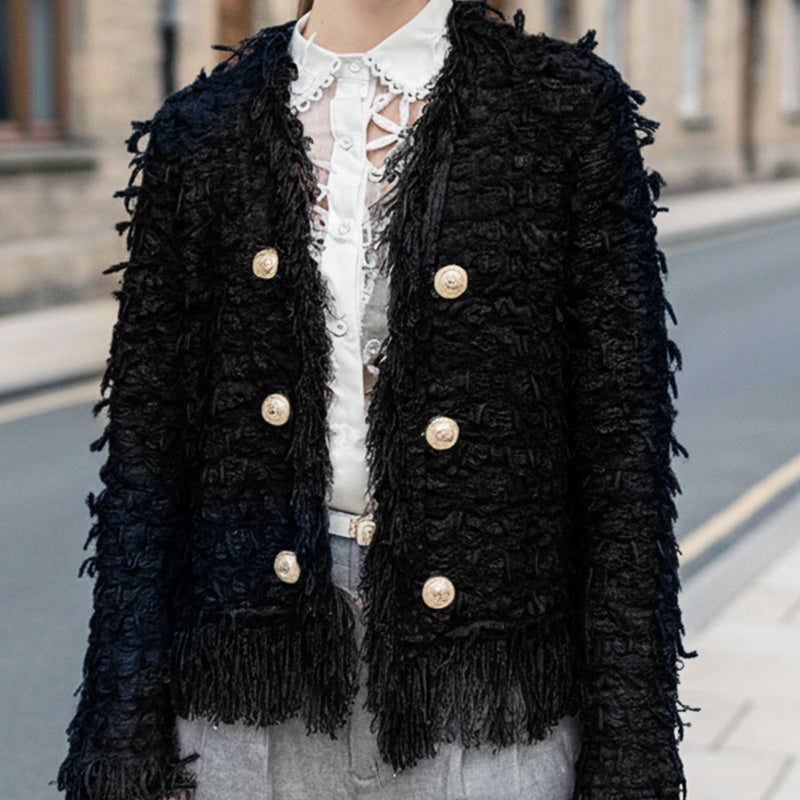 Aislynn | Manteau court à franges – Veste boutonnée chic, vêtement d'extérieur élégant