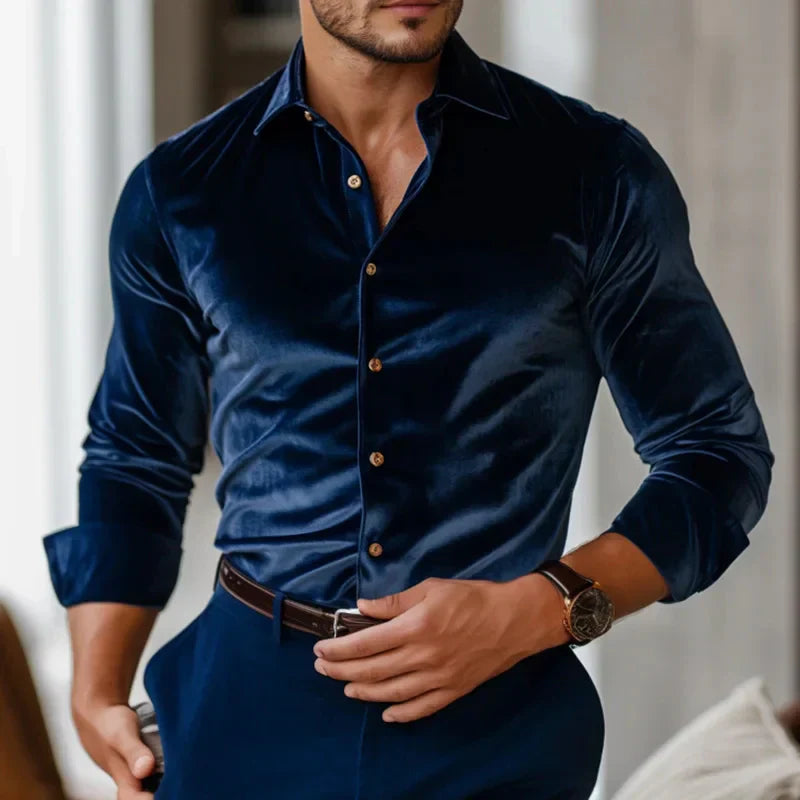 Surge | Men’s Velvet Button-Up Blouse Shirt, Soft Luxe Velvet Top, Long Sleeve Evening & Smart Casual