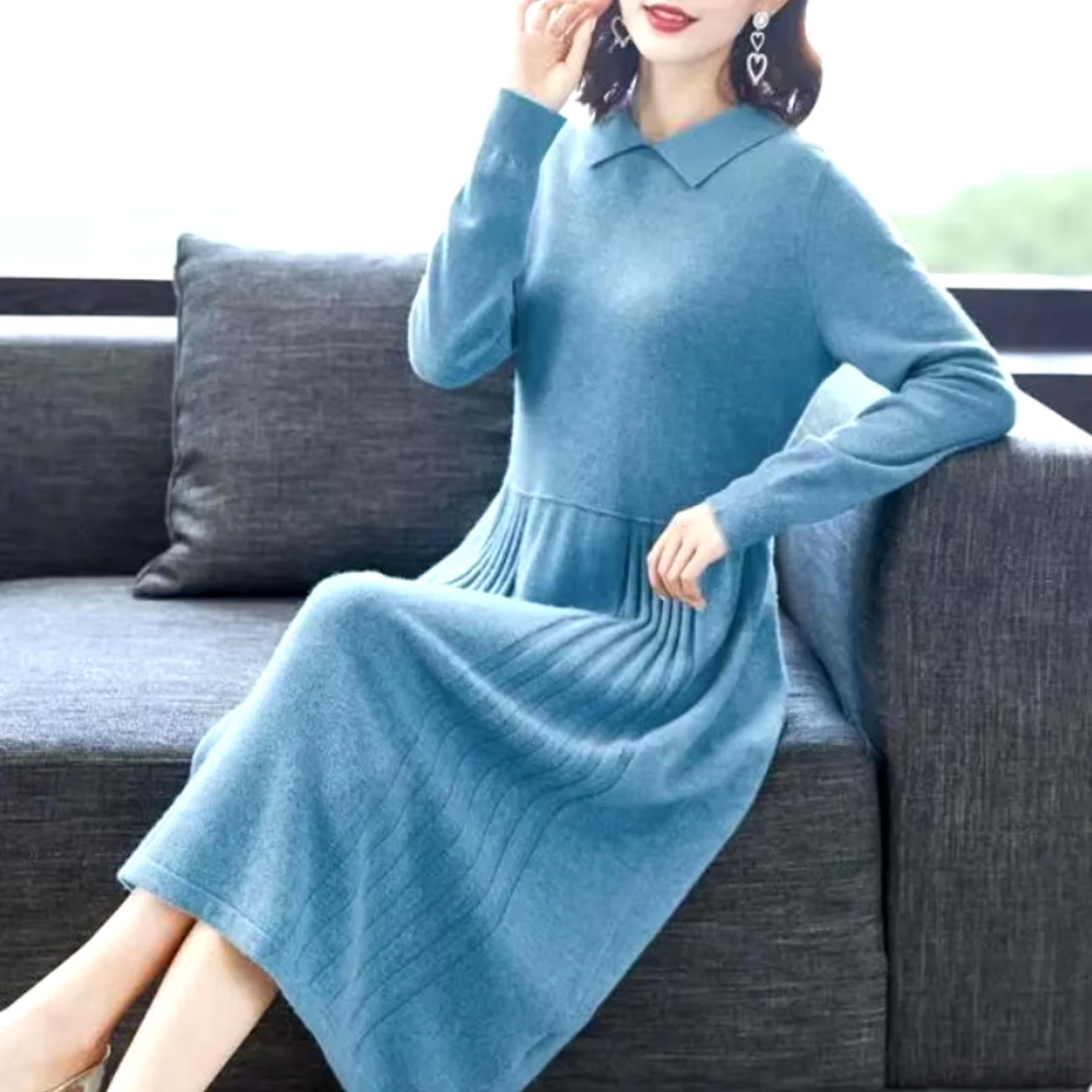Saki | Dames gebreide jurk met kraag – Elegante geribde knit midi jurk