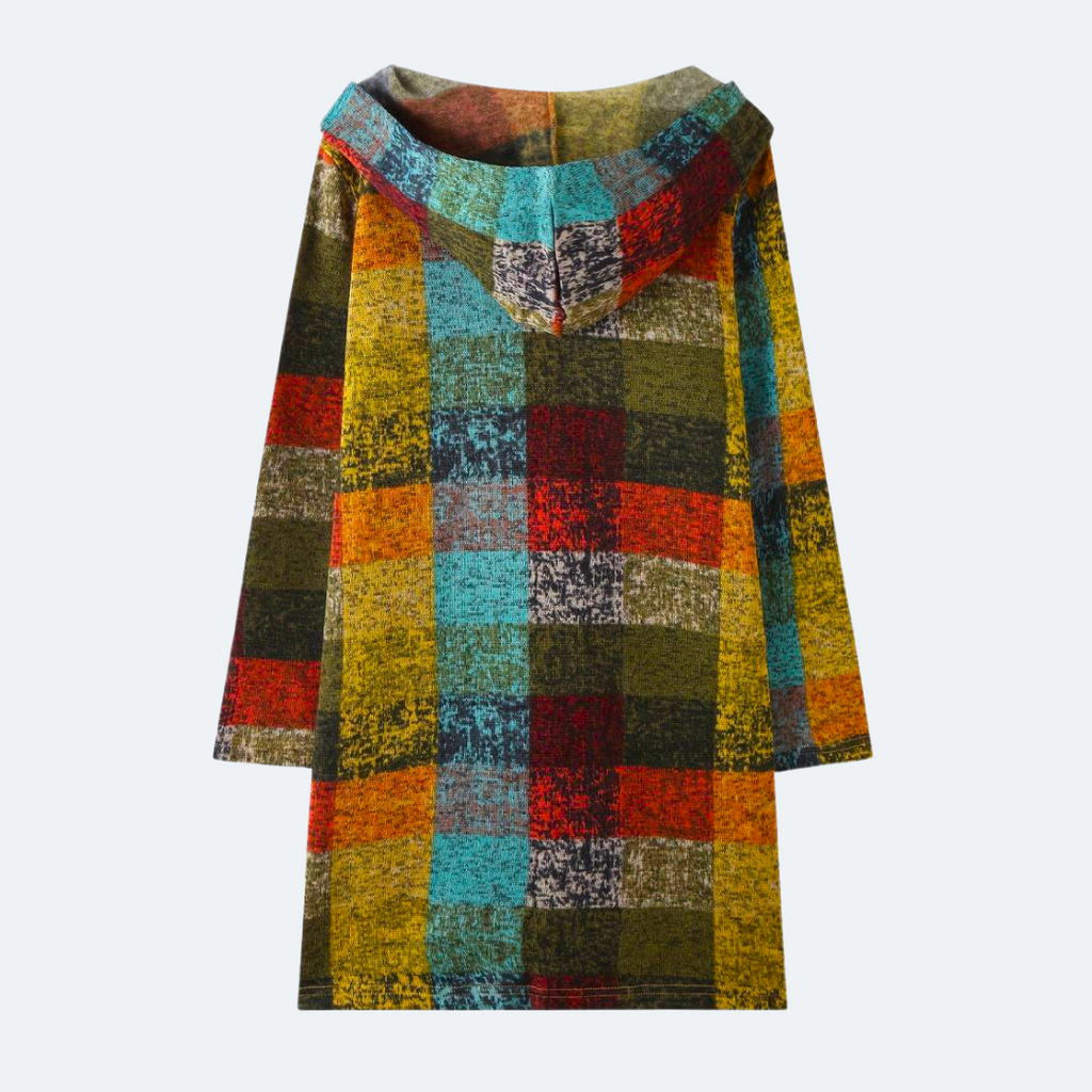 Sorynna | Gilet à capuche oversize à carreaux pour femme – Gilet multicolore ouvert sur le devant