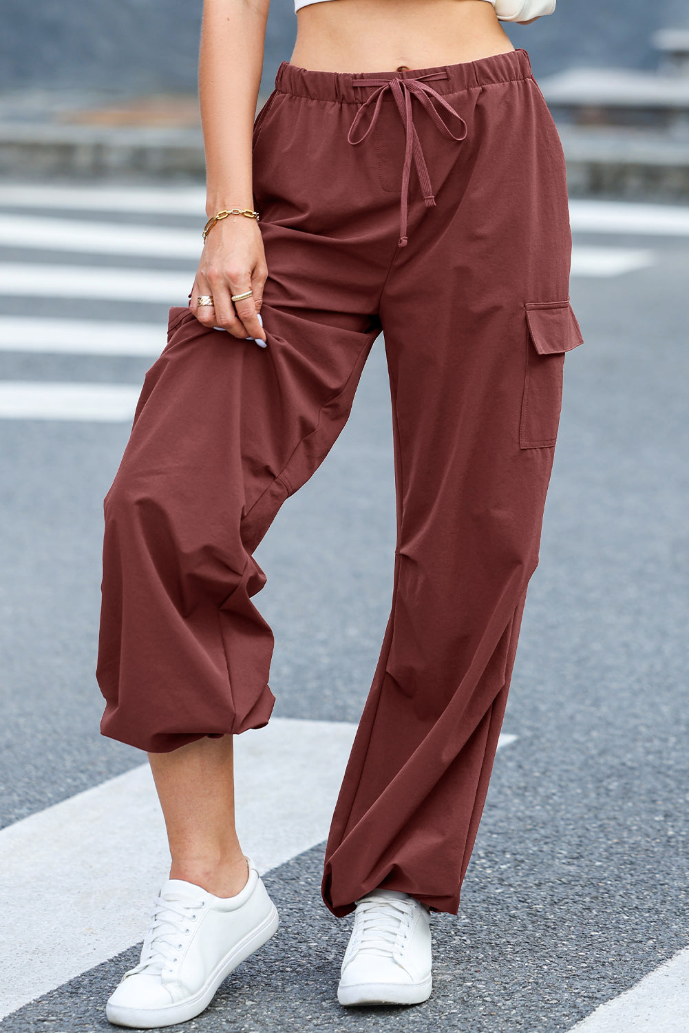 Jesmara | Pantalon cargo à jambes larges avec cordon de serrage - taille haute, coupe ample, poches pratiques