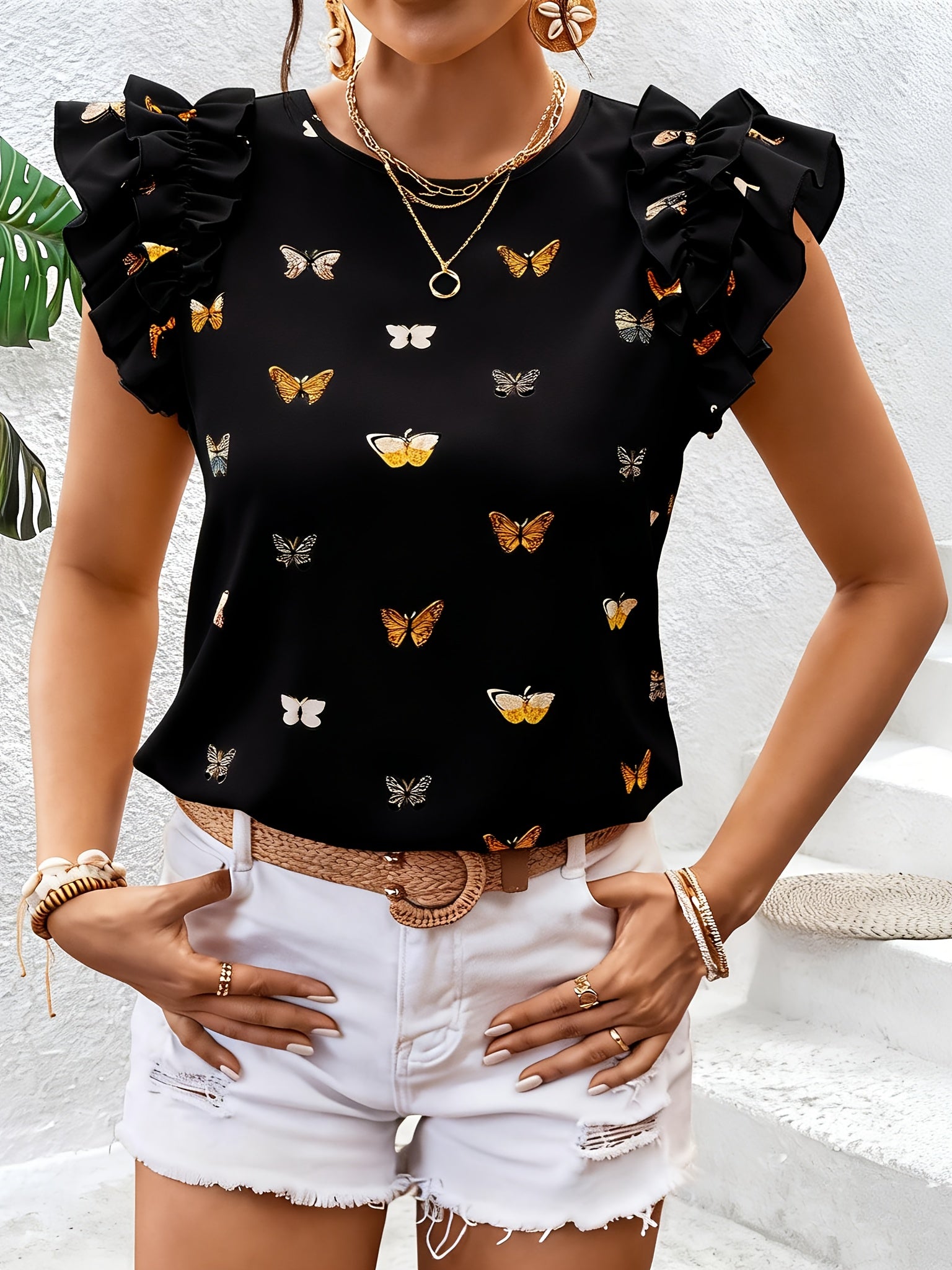 Islyn | Vakantietop voor dames – Elegante blouse met vlinderprint en ruches aan de mouwen