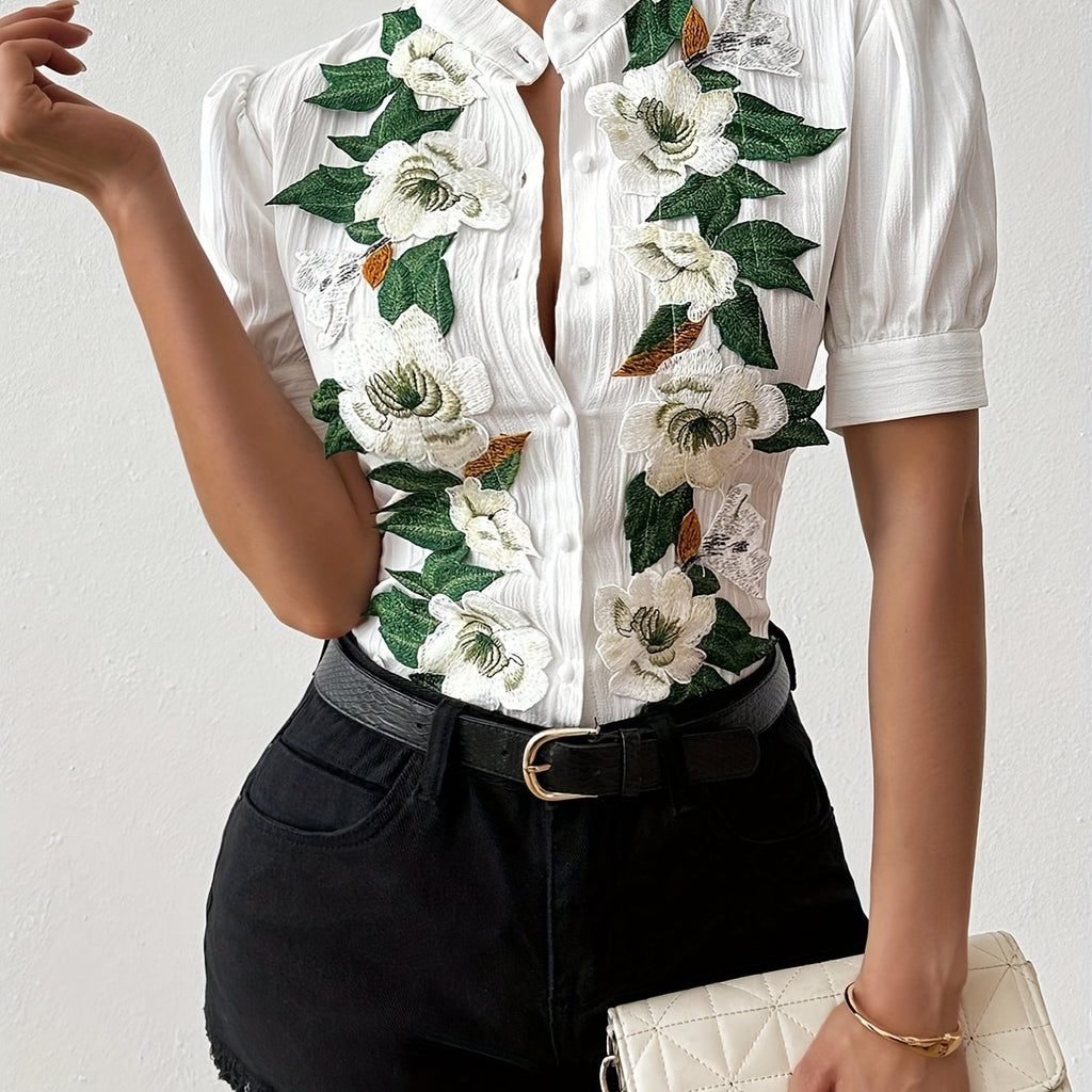 Evara | Elegante damesblouse met pofmouwen – Overhemd met korte mouwen, knoopsluiting en kraag