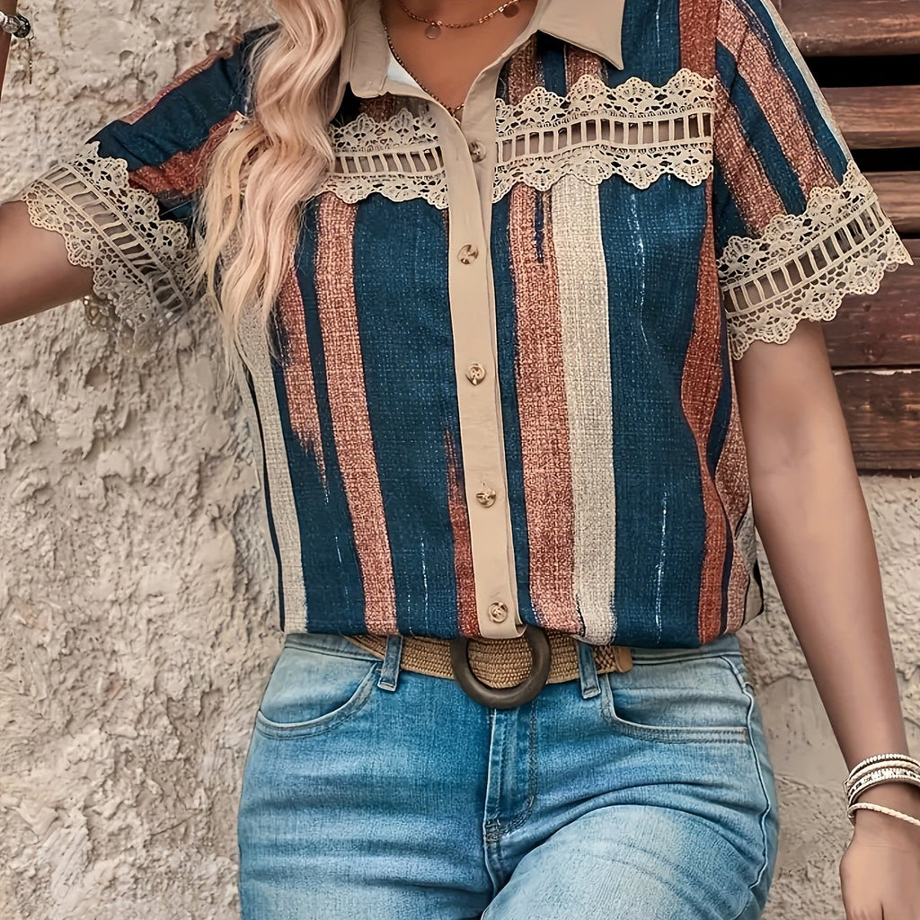 Amaranthe | Dames retro gestreepte kanten blouse – korte mouwen blouse met knoopsluiting