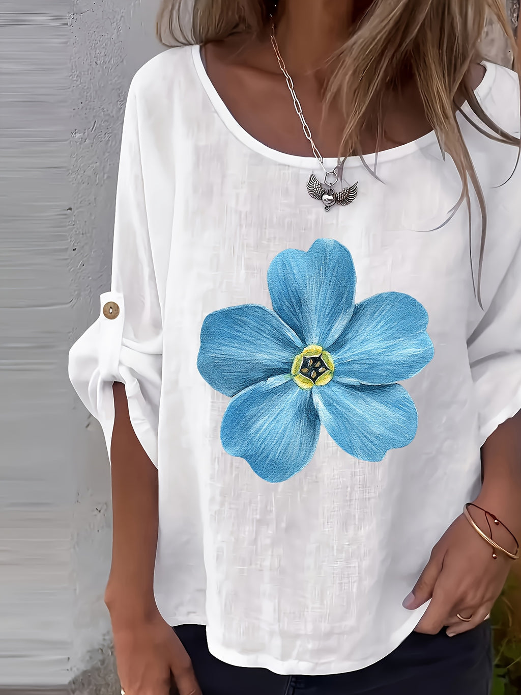 Lunelle | Elegant dames-T-shirt met bloemenprint en ronde hals – Casual, losse pasvorm, knoopjes, lente