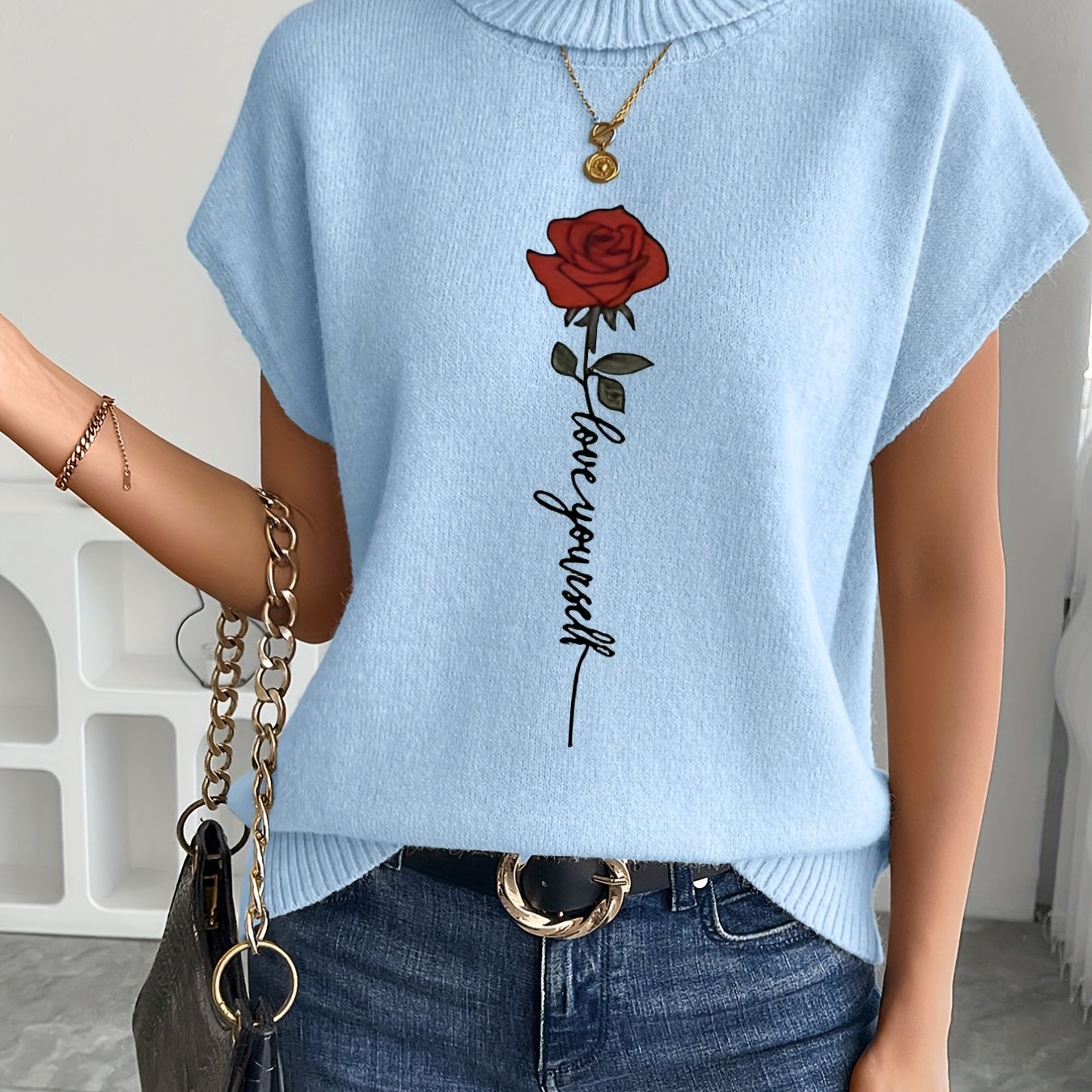 Ienira | Trendy Dames Mouwloos Gebreid Vest met Rozenprint – Losvallende Zomerse Casual Top