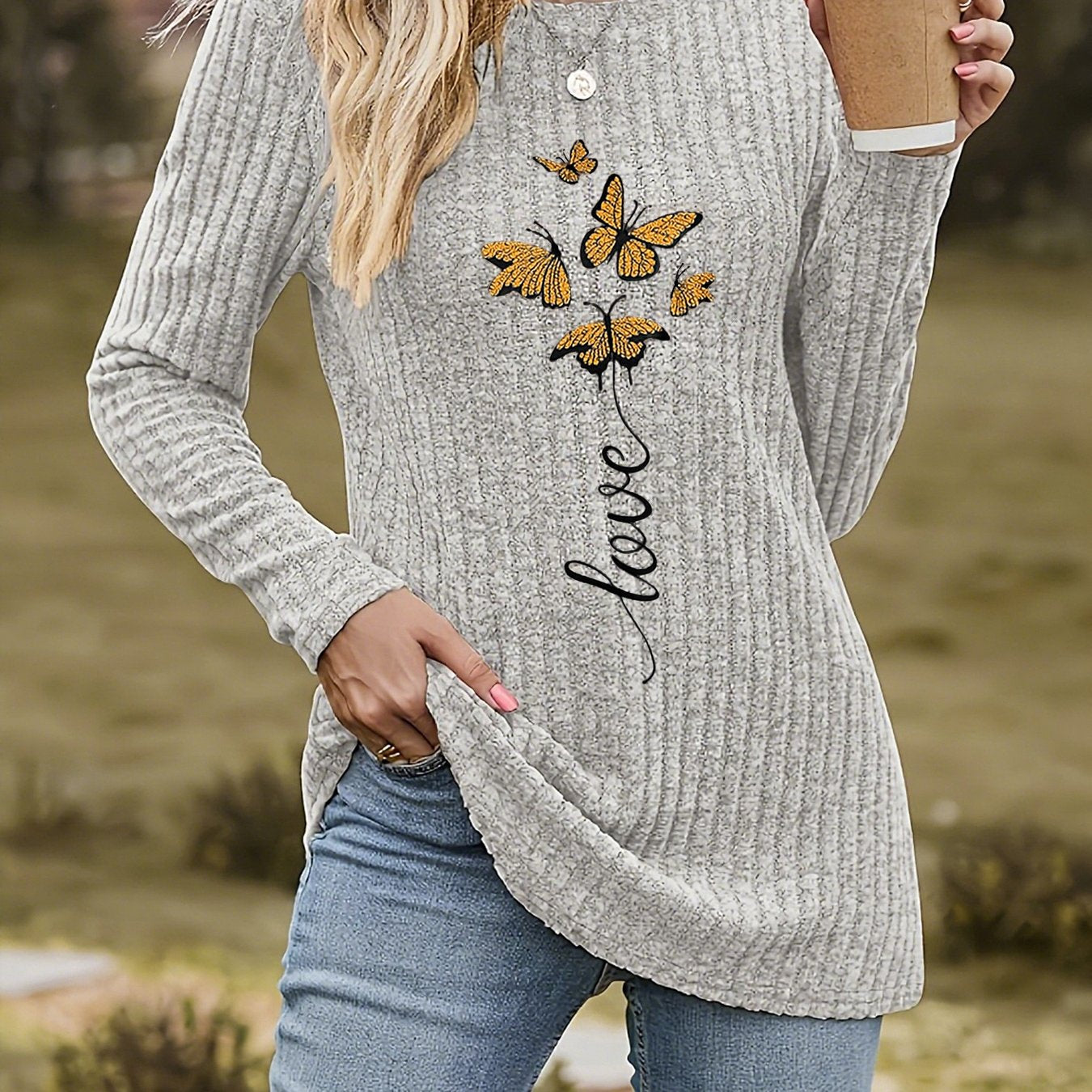 Fayeanne | Elegant T-shirt met vlinderprint voor dames, met lange mouwen, ronde hals, skinny fit en stretch.