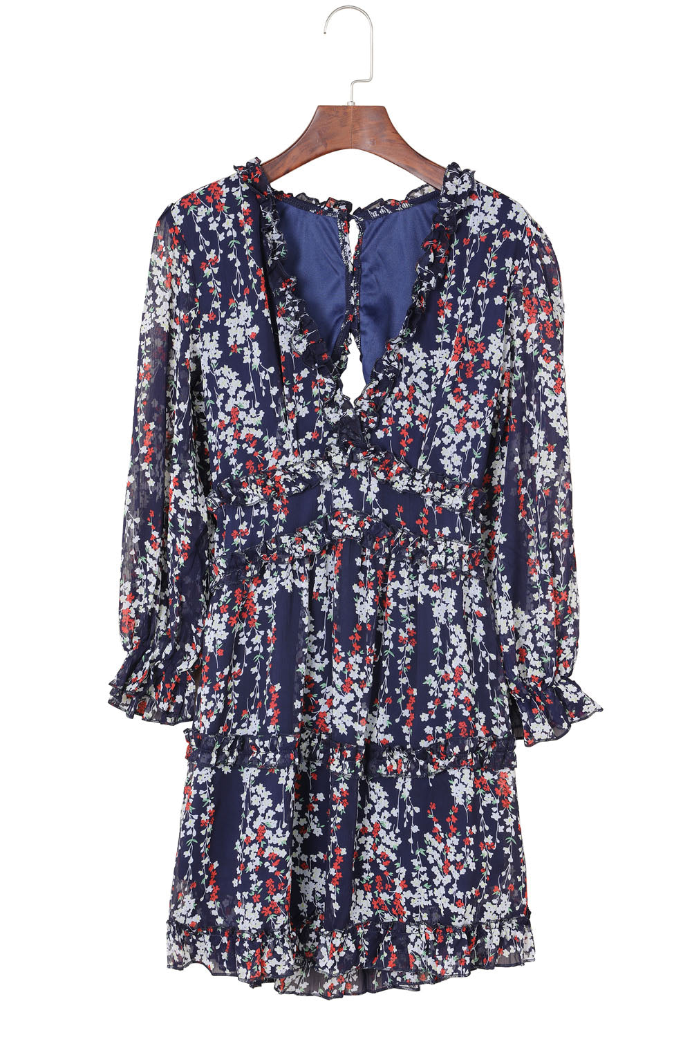 Nevara | Blauwe bloemenjurk voor dames met ruches, open rug, zomerse feest- en casual outfit