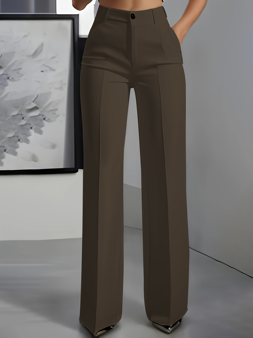 Oralia | Elegante Damenhose mit weitem Bein – Gerade geschnittene, hochgeschnittene Hose mit Knopfverschluss