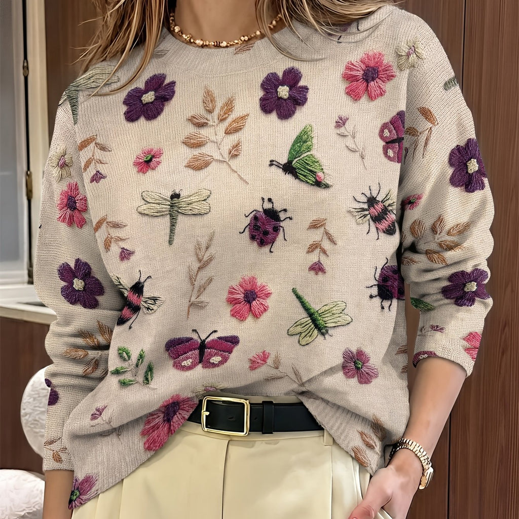Jessamine | Dames Sweater met All-Over Insecten- en Bloemenprint