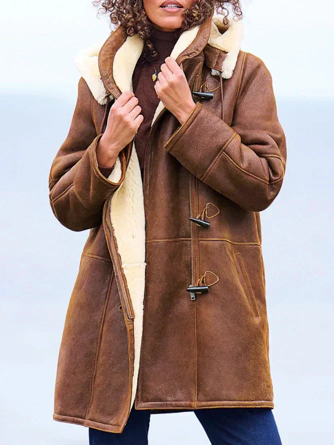 Brivelle | Manteau d'hiver femme à capuche et doublure en peau de mouton – Veste en cuir chaude, style décontracté outdoor