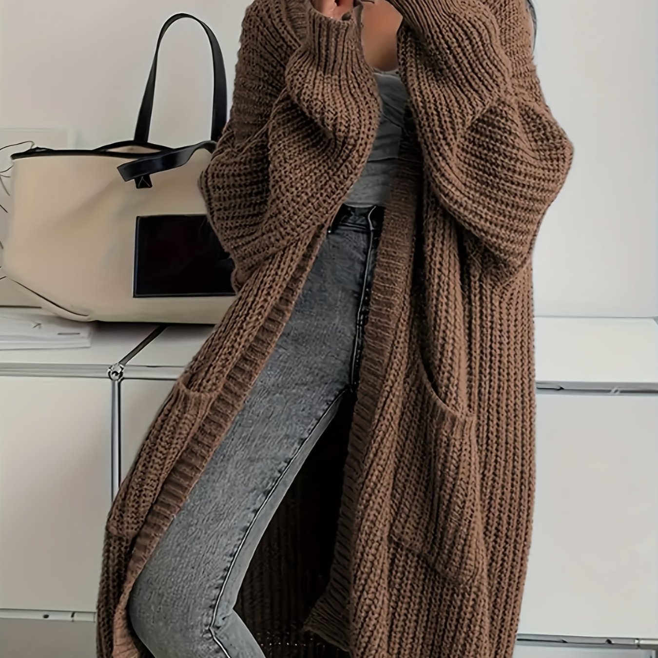 Myvessa | Langer Strickcardigan für Damen – offener, Oversize-Schnitt, lässiger Pullover für Herbst und Winter