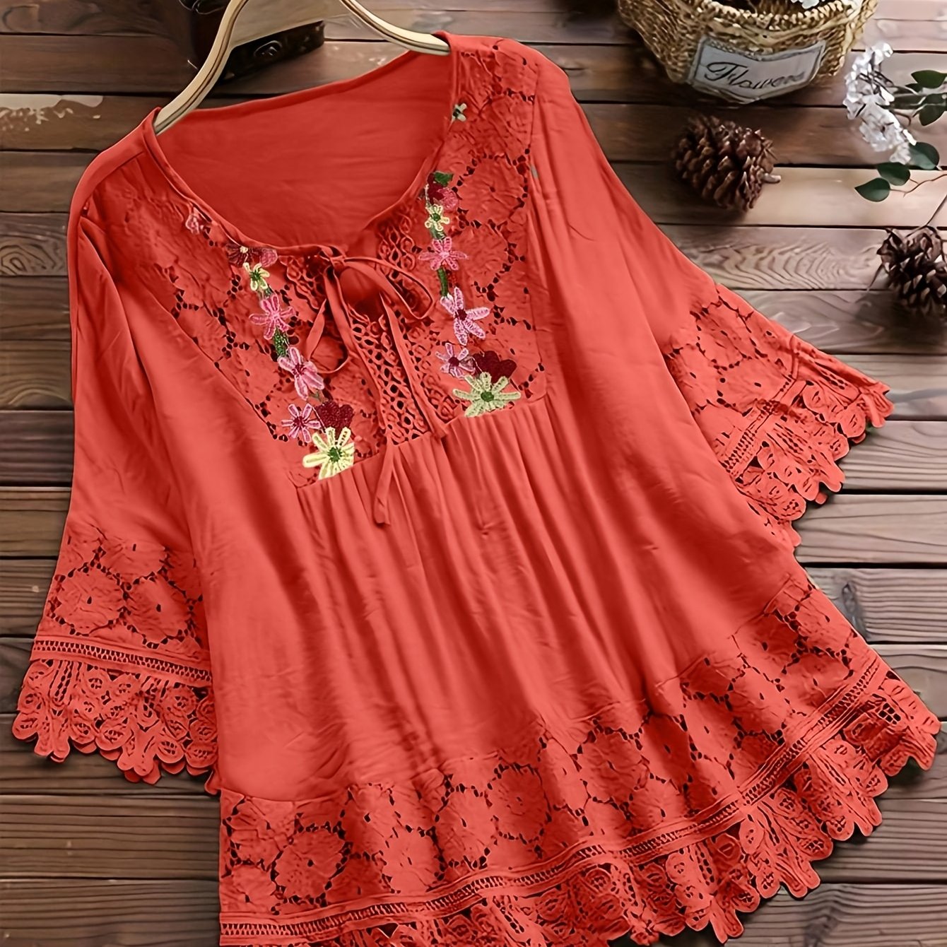 Elarona | Damesblouse met kanten patchwork – Lente/zomer-top met lange mouwen