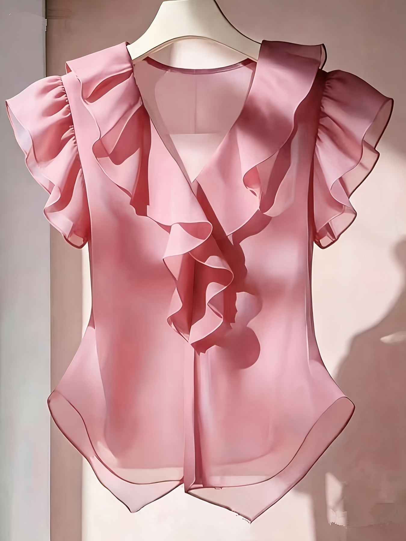 Ionae | Dames zomer chiffon shirt – Franse stijl top met ruches in effen kleur