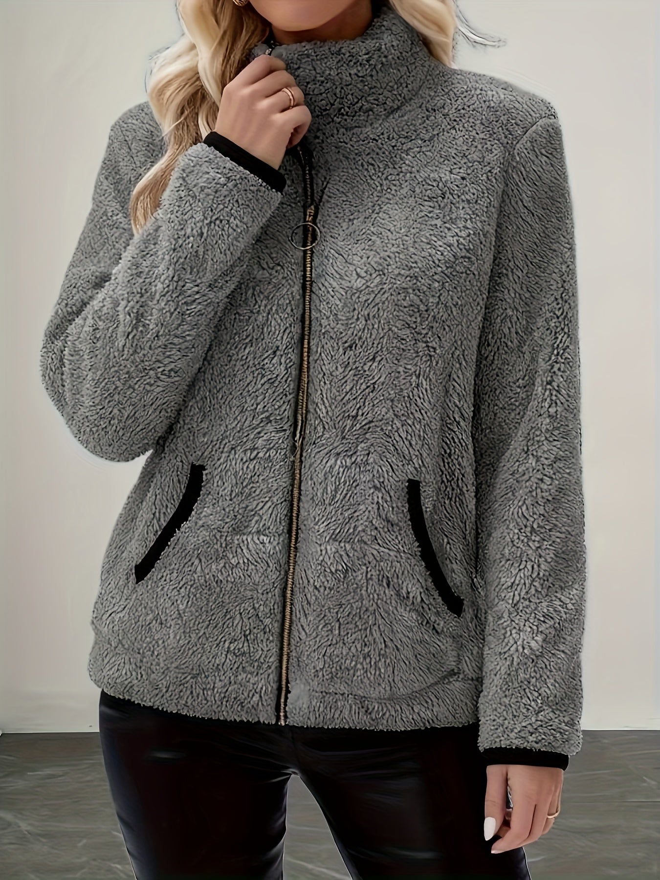 Gryvessa | Dames fleece jas met ritssluiting – opstaande kraag, warme casual herfst-winterjas