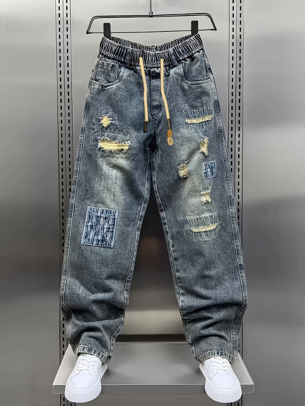Nyxen | Damesbroek van patchwork-denim in distressed-look