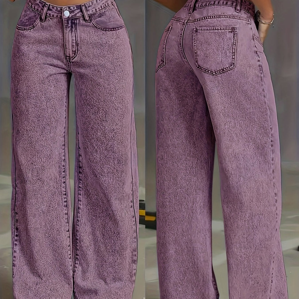 Viridia | Damen-Stretchjeans mit hohem Bund – Locker sitzend, Acid-Wash-Optik, gerades und weites Bein, Bauchkontrolle, Taschen