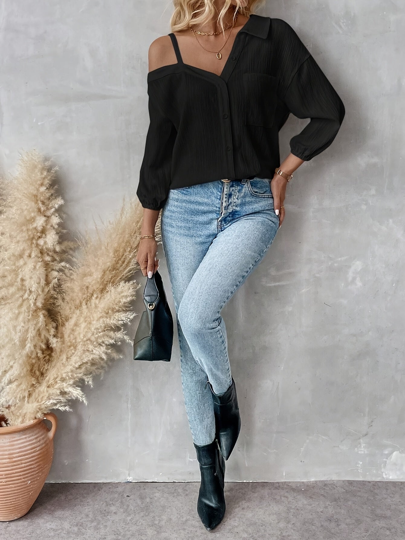 Elthirae | Damesblouse met asymmetrische kraag – Casual blouse met losse pasvorm en verlaagde schouders