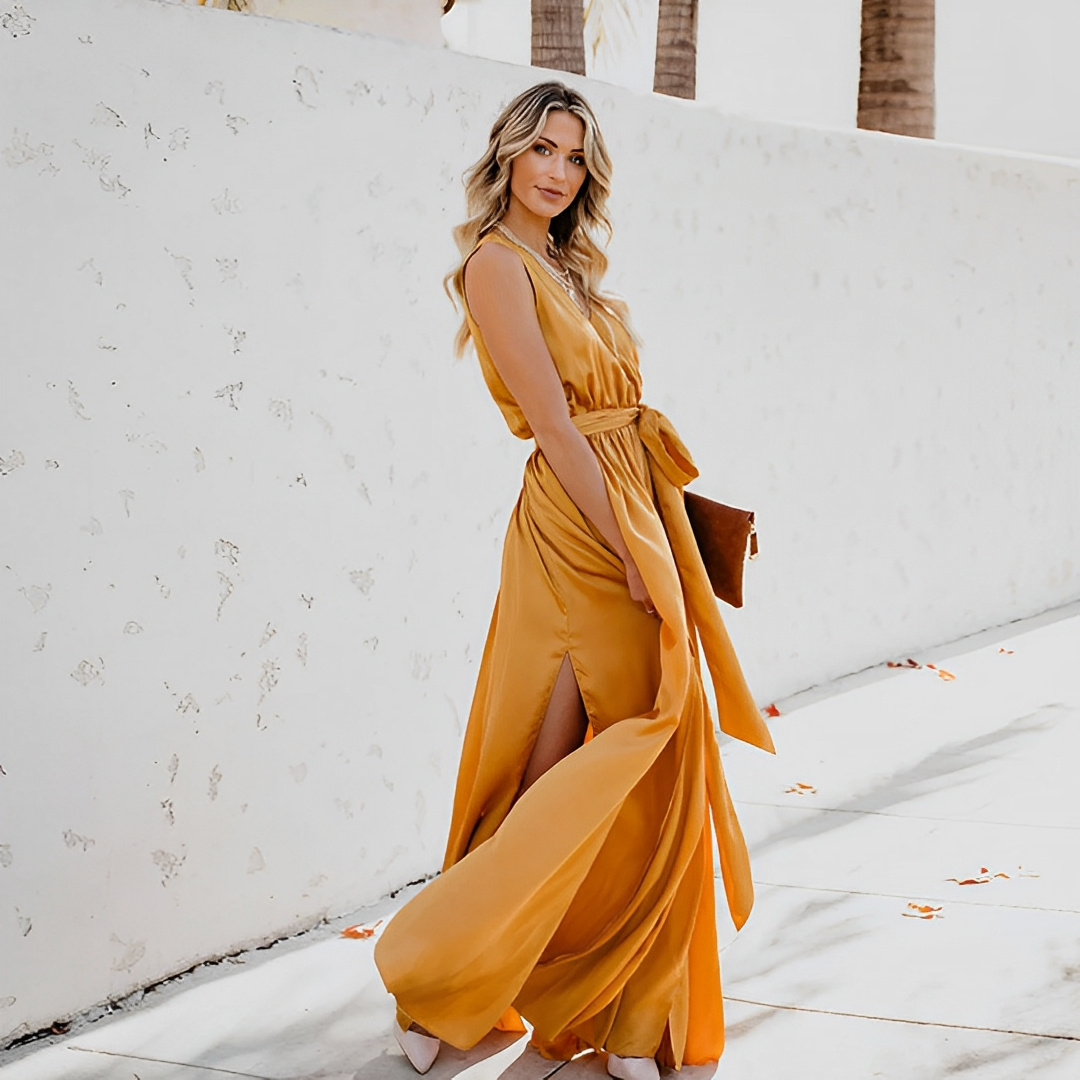 Palomina | Chique maxi-jurk voor dames met tailleband – Elegante mouwloze jurk