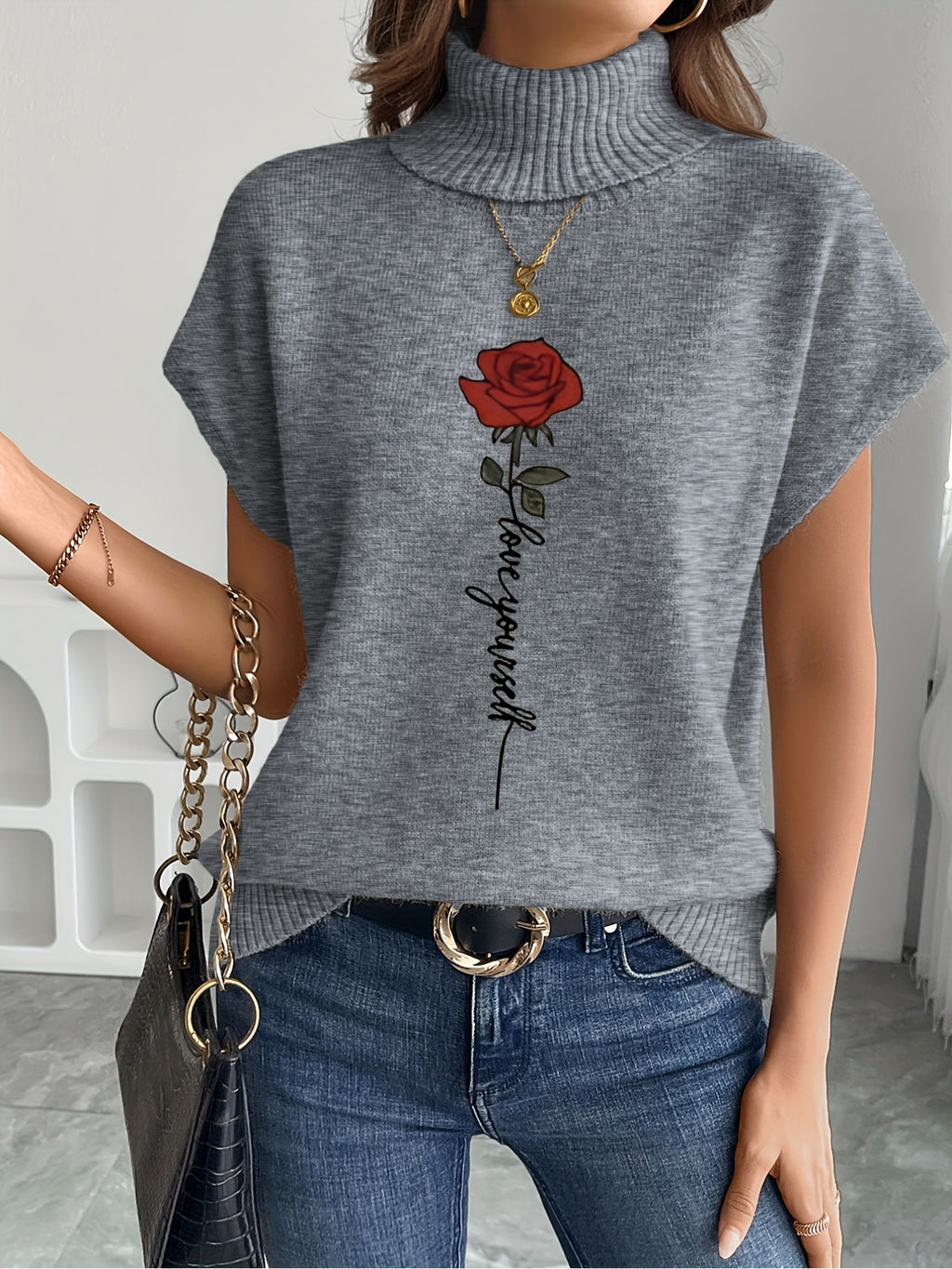 Ienira | Trendy Dames Mouwloos Gebreid Vest met Rozenprint – Losvallende Zomerse Casual Top