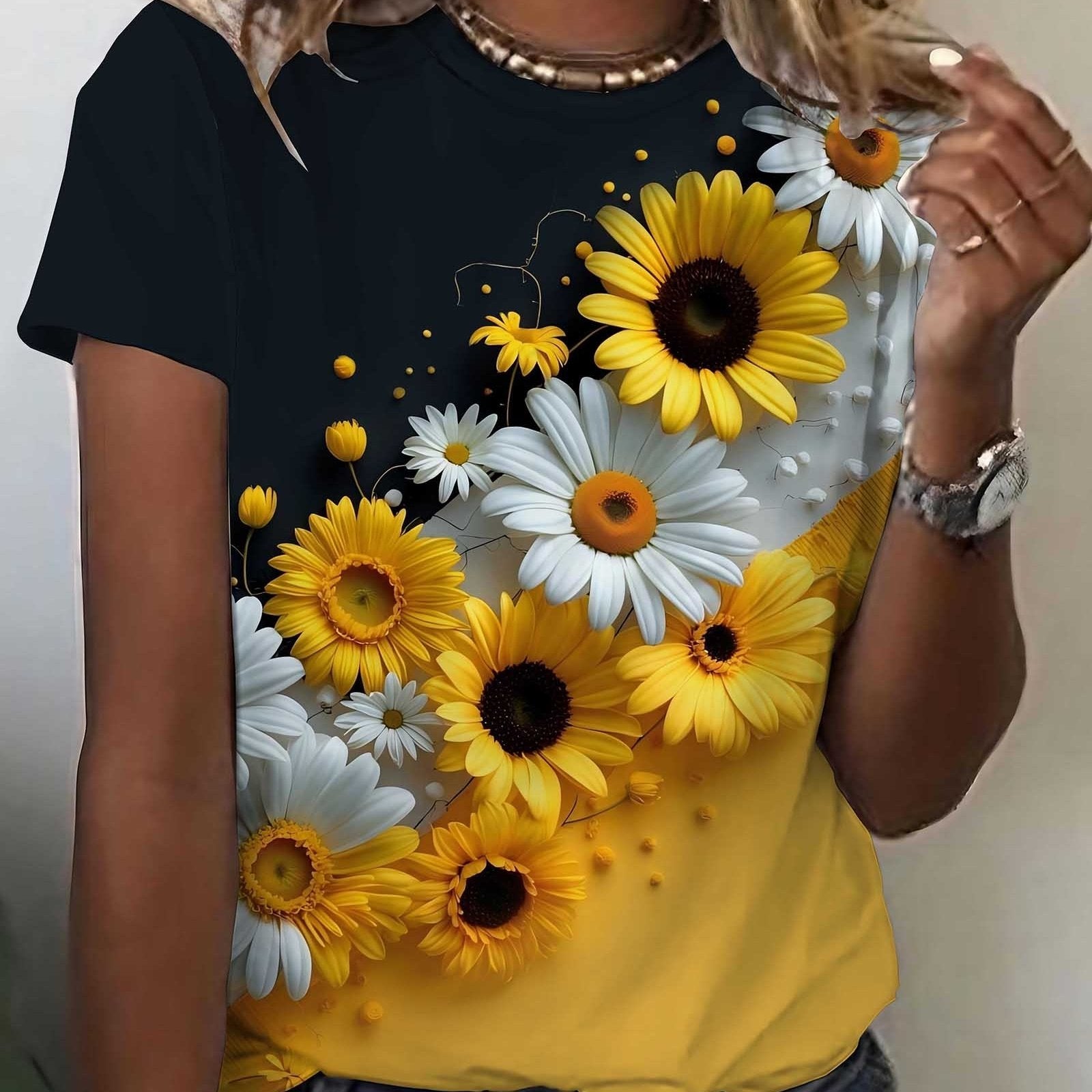 Nyzirelen | Dames-T-shirt met zonnebloemenprint – Casual zomertop met ronde hals