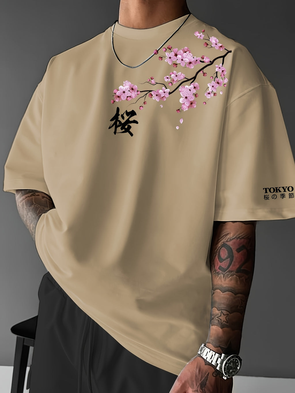 Lucian | Heren T-shirt met Japanse kersenbloesemprint – Streetwear casual T-shirt met korte mouwen