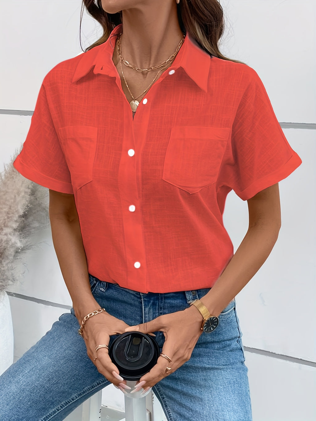 Yvessa | Damesblouse met dubbele zakken en slubstof – Casual shirt met korte mouwen en losse pasvorm