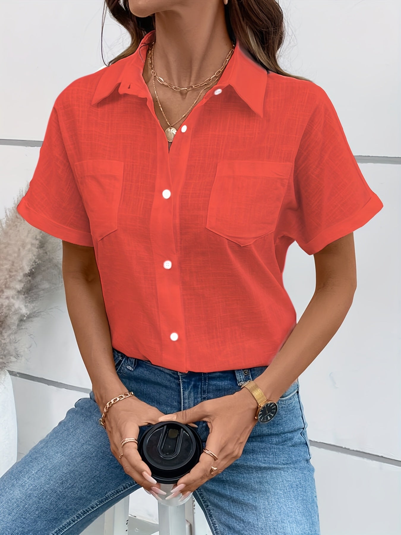 Yvessa | Damesblouse met dubbele zakken en slubstof – Casual shirt met korte mouwen en losse pasvorm