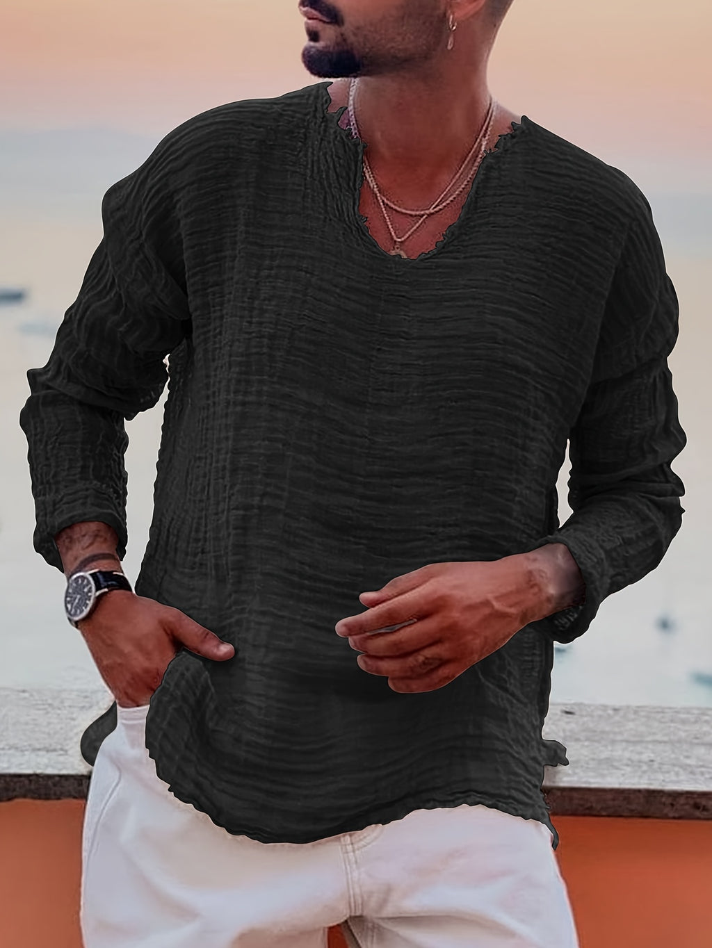 Silo | Heren-T-shirt met korte mouwen en V-hals – Casual zomers strandtop met verweerde look