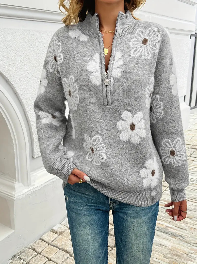 Felra | Pull femme à imprimé floral, demi-zip, épaules tombantes, col montant, confortable et élégant