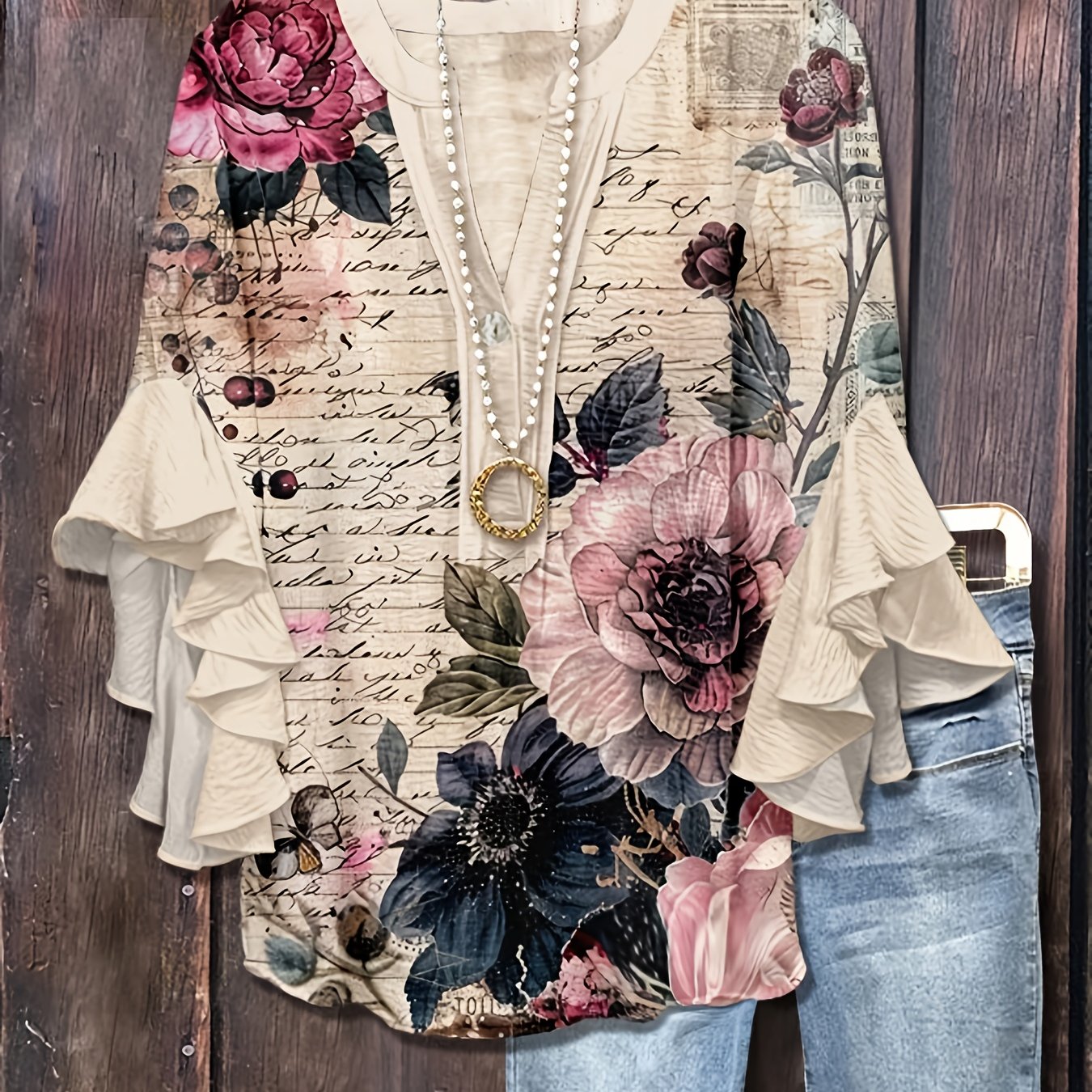 Avalyss | Damesblouse met print en volantmouwen – Casual, ruimvallende pullover