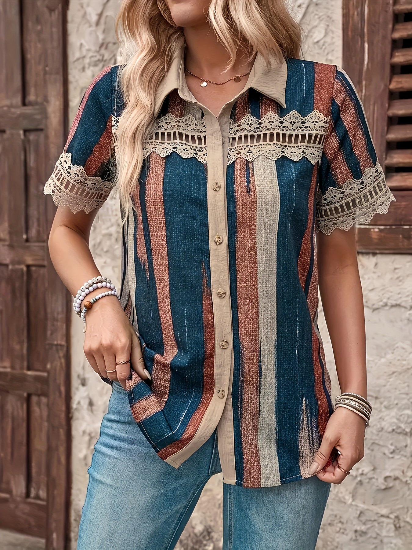 Amaranthe | Dames retro gestreepte kanten blouse – korte mouwen blouse met knoopsluiting