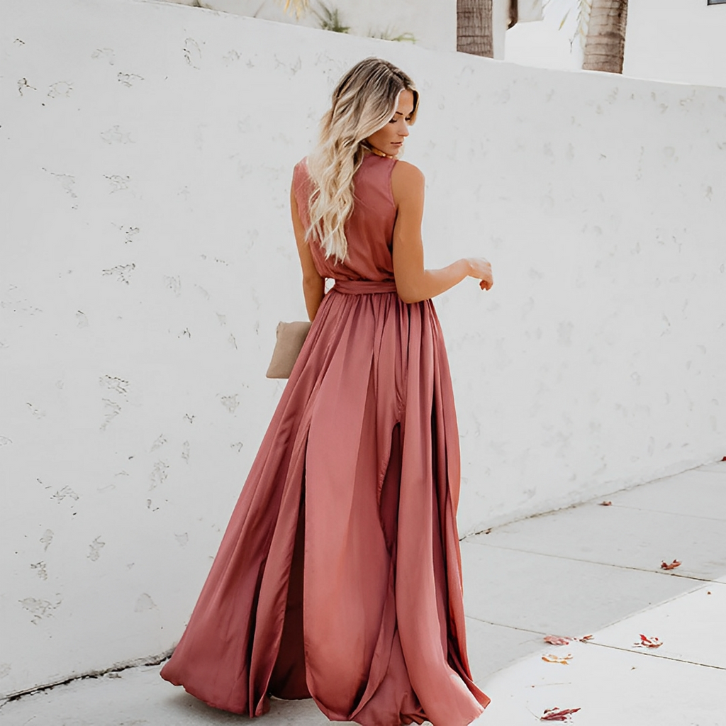 Palomina | Chique maxi-jurk voor dames met tailleband – Elegante mouwloze jurk
