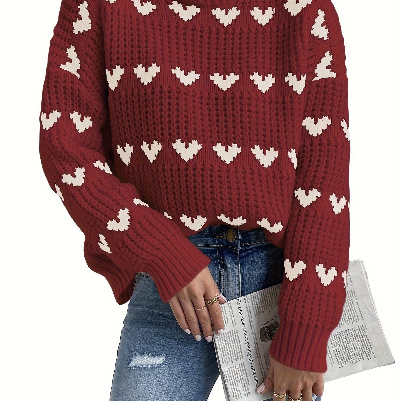 Irindra | Strickpullover mit Herzmuster – Stehkragen, Langarmpullover für die Herbst-Winter-Freizeit 