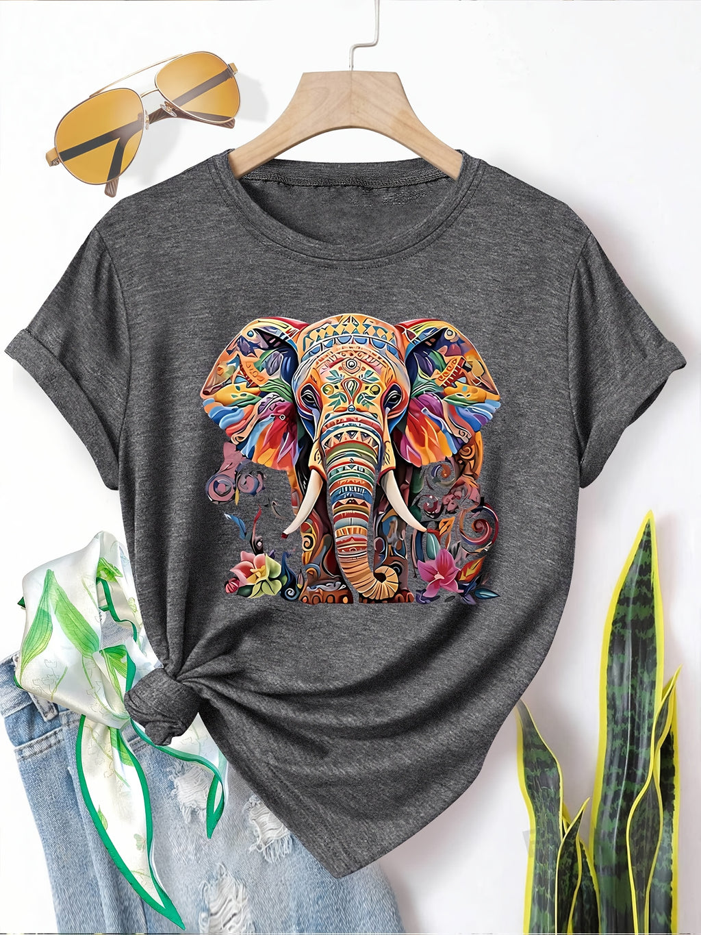 Menya | Dames-T-shirt met olifantenprint – Casual T-shirt in retrostijl met ronde hals en korte mouwen