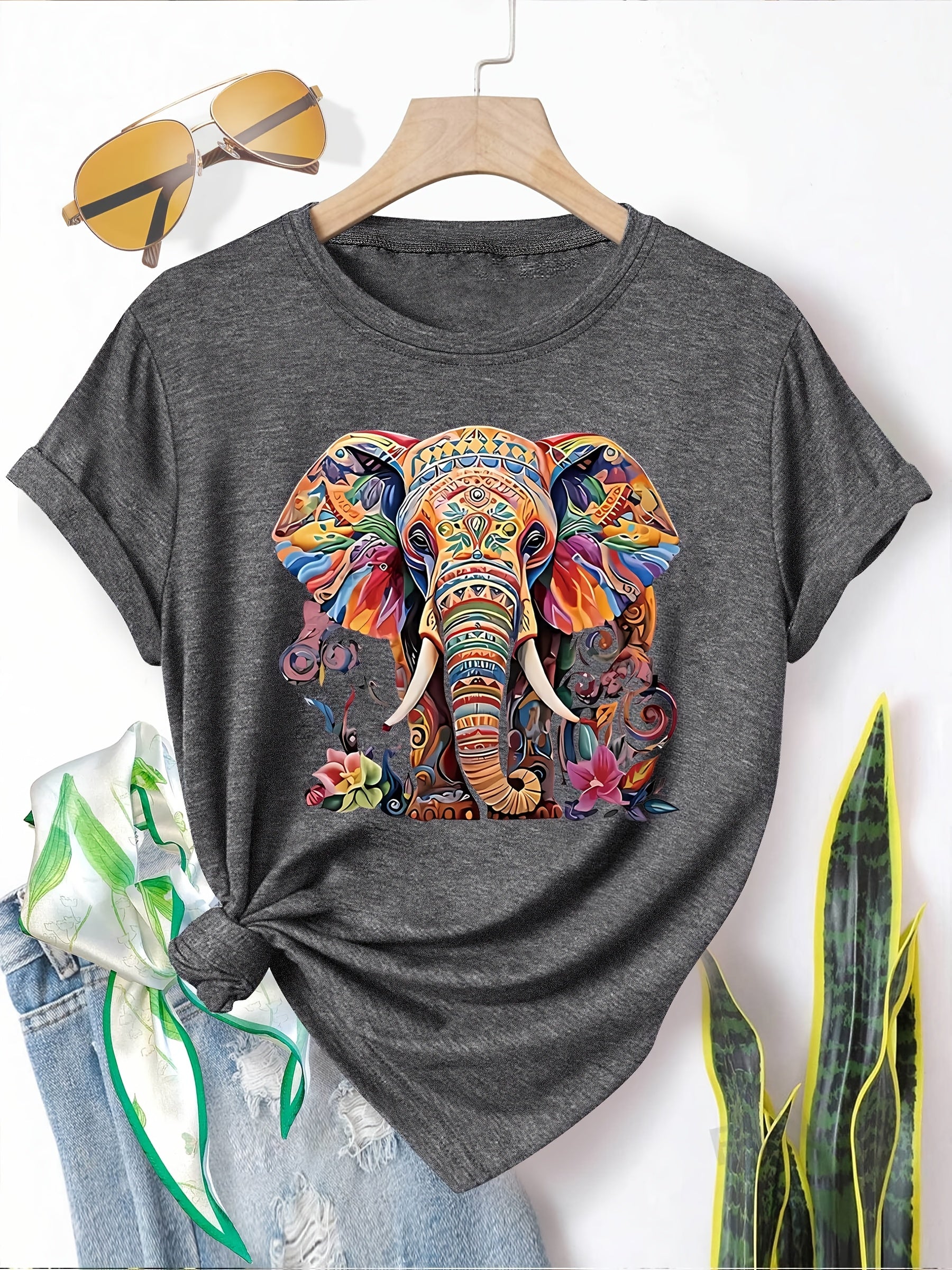 Menya | Dames-T-shirt met olifantenprint – Casual T-shirt in retrostijl met ronde hals en korte mouwen