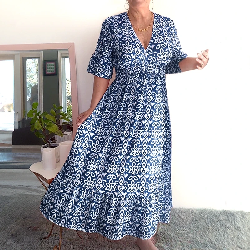 Arvexia | Vloeiende bohemian zomerjurk voor dames – Maxi met V-hals en bloemenprint